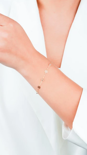 Beyaz Taşlı Yaşam Çiçeği Minimal Altın Bileklik