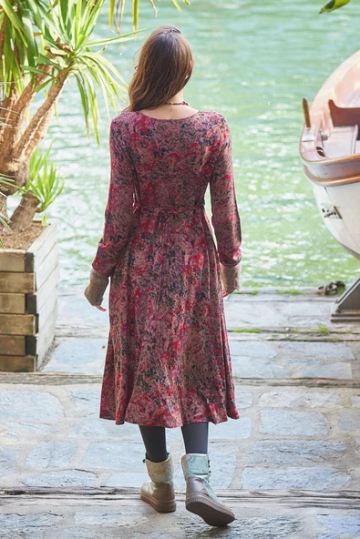 Desenli Uzun Kollu Asimetrik Kesim Kışlık Kadın Elbise - 5