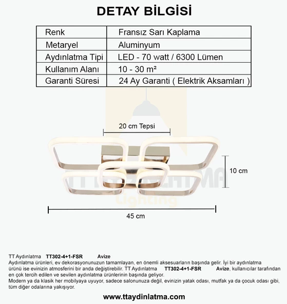 TT Aydınlatma TT302-4+1-FSR KARE  Fransız Sarı Kaplama Plofonyer 5 li Led Avize - Resim 4