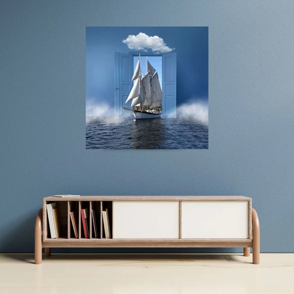 Sürreal Denizdeki Kapıdan Gelen Gemi Dekoratif Kare Sticker 70 x 70 cm - 3