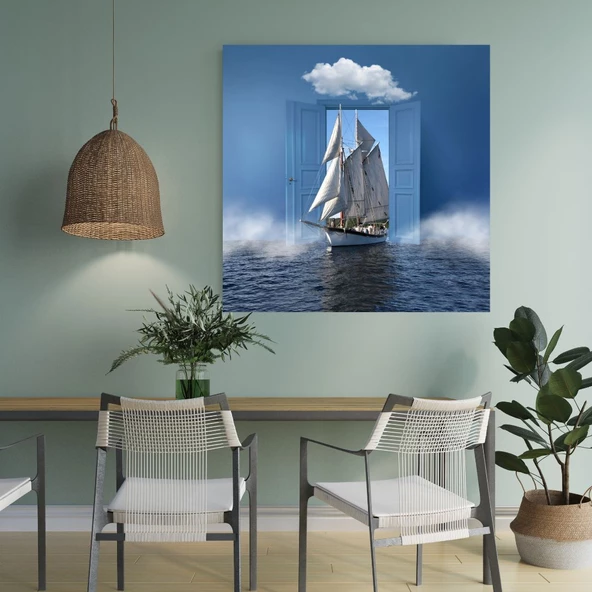 Sürreal Denizdeki Kapıdan Gelen Gemi Dekoratif Kare Sticker 70 x 70 cm - 2
