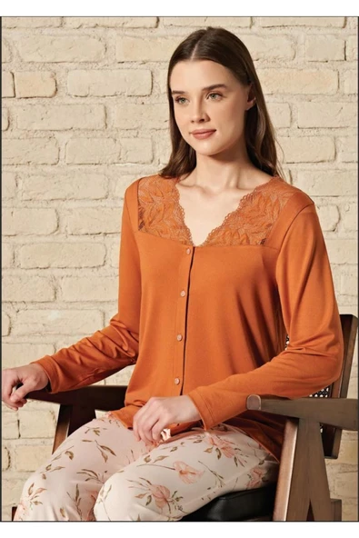 Pijadore Kadın Kiremit Viskon Düğmeli Uzun Kollu Pijama Takımı 1759 - 3