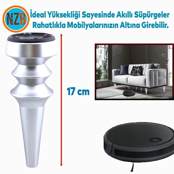 (4 Adet) Mobilya Yükseltici Kanepe Koltuk Tv Ünitesi Baza Ayağı Zigon Orta Sehpası Ayak Ayakları Mat Gümüş 17 cm - 3