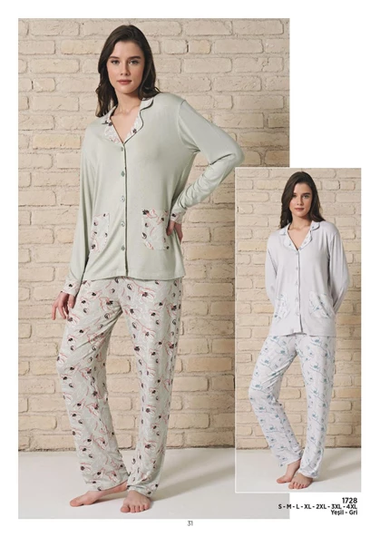 Pijadore Kadın Viskon Düğmeli Uzun Kollu Pijama Takımı 1728 - 4