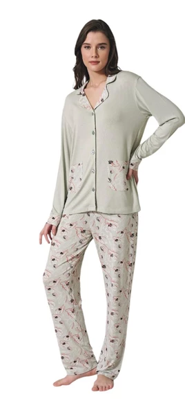 Pijadore Kadın Viskon Düğmeli Uzun Kollu Pijama Takımı 1728 - 2