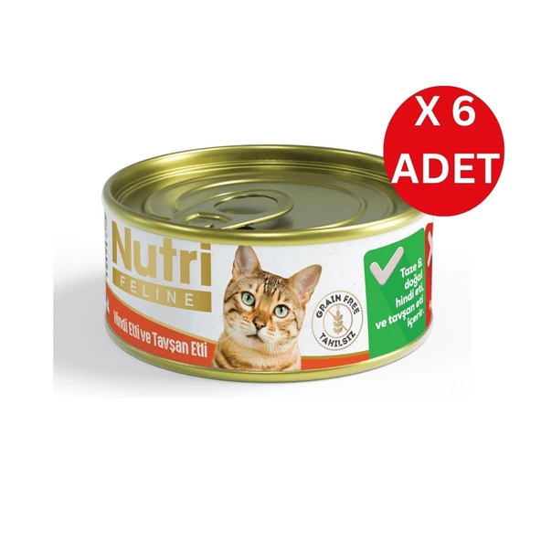 Nutri Feline Yetişkin Kediler için Hindi Eti ve Tavşan Etli 6 Adet 85gr Tahılsız Yaş Mama