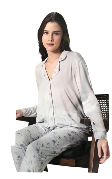 Pijadore Kadın Viskon Düğmeli Uzun Kollu Pijama Takımı 1728 - 8