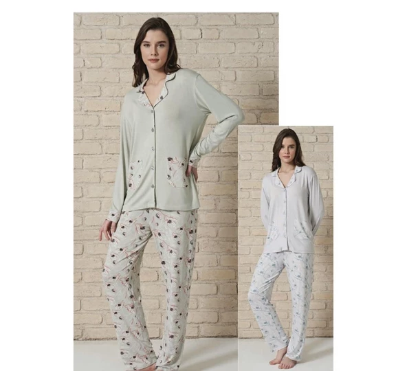 Pijadore Kadın Viskon Düğmeli Uzun Kollu Pijama Takımı 1728 - 6