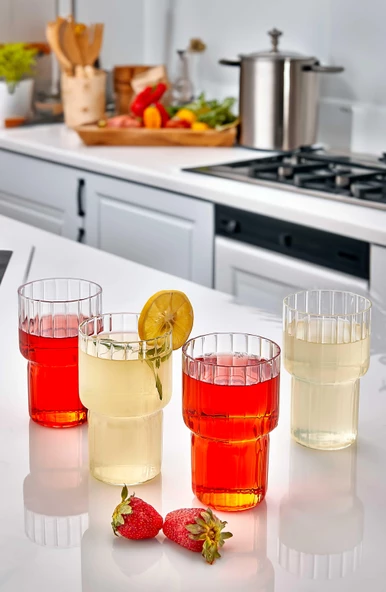 4 lü Borasilikat Cam Bardak - 350 ml Çizgili Pinterest Meşrubat, Limonata,  Kahve Sunum Bardağı