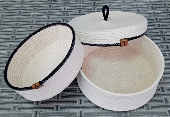 KAPAKLI 3 PARÇA 24CM HASIR SEPET YUVARLAK EV BANYO HALAT JÜT KORDON İP ÖRME ÇOK AMAÇLI HAVLU DÜZENLEYİCİ KREM&SİYAH - 2