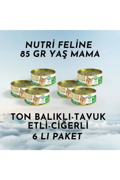 Nutri Feline Yetişkin Kediler için Ton Balıklı, Tavuk Etli ve Ciğerli 6 Adet 85gr Tahılsız Yaş Mama