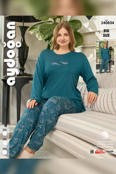 Aydoğan Kadın inci Büyük Beden Being Myself Petrol Pijama Takım 0654 - 3
