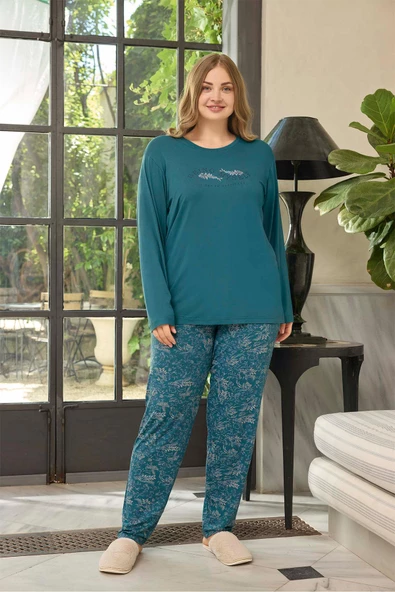 Aydoğan Kadın inci Büyük Beden Being Myself Petrol Pijama Takım 0654 - 2