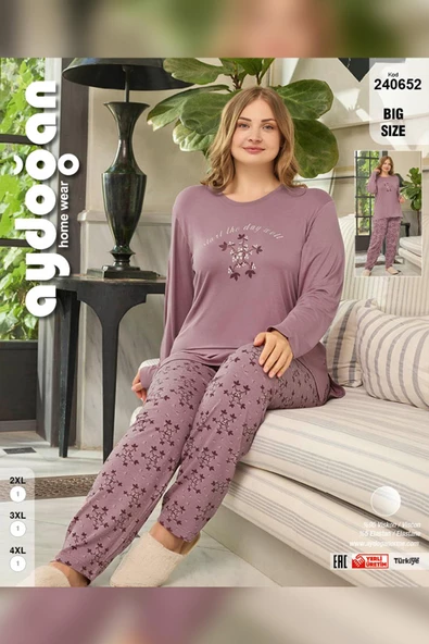 Aydoğan Kadın inci Büyük Beden Start Koyu Pudra Pijama Takım 0652 - Resim 3