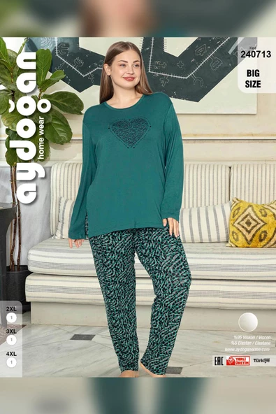 Aydoğan Kadın inci Büyük Beden Kalp Baskılı Zümrüt Pijama Takım 0713 - 2