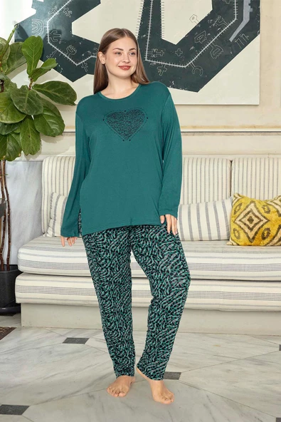 Aydoğan Kadın inci Büyük Beden Kalp Baskılı Zümrüt Pijama Takım 0713