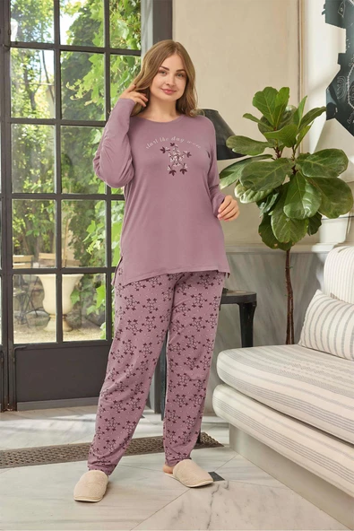 Aydoğan Kadın inci Büyük Beden Start Koyu Pudra Pijama Takım 0652 - 2