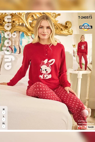 Aydoğan Kadın Asya Termal Bunny Kırmızı Pijama Takım 0573 - 3