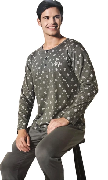 Pijadore Erkek Gri Pamuklu Uzun Kollu Pamuklu Pijama Takımı 1757 - 2
