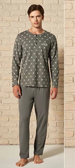 Pijadore Erkek Gri Pamuklu Uzun Kollu Pamuklu Pijama Takımı 1757 - 5