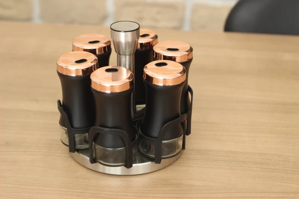 Krom Döner Standlı 6lı Cam Baharatlık Seti Rose Siyah - 2