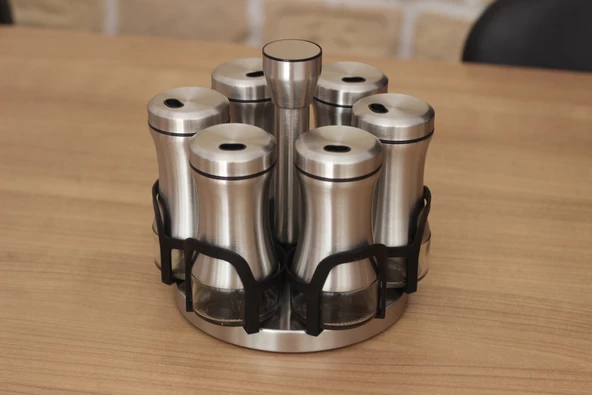 Krom Döner Standlı 6lı Cam Baharatlık Seti Gümüş - 4