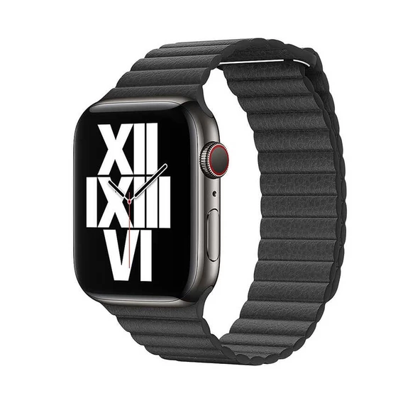 Apple Watch 2/3/4/5/6/7/8/se/ultra/nike 42mm 44mm 45mm 49mm Deri Kordon Mıknatıslı Tasarım (KRD-09)