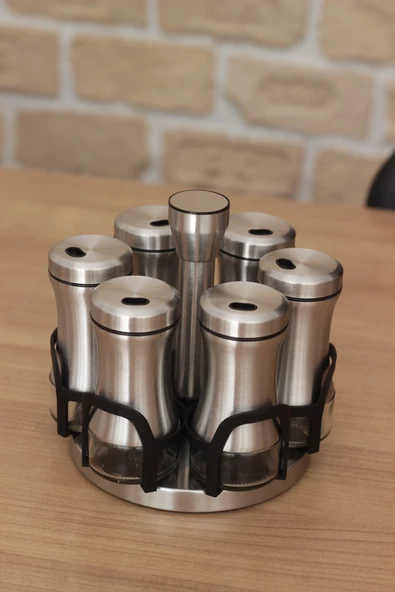 Krom Döner Standlı 6lı Cam Baharatlık Seti Gümüş - 2