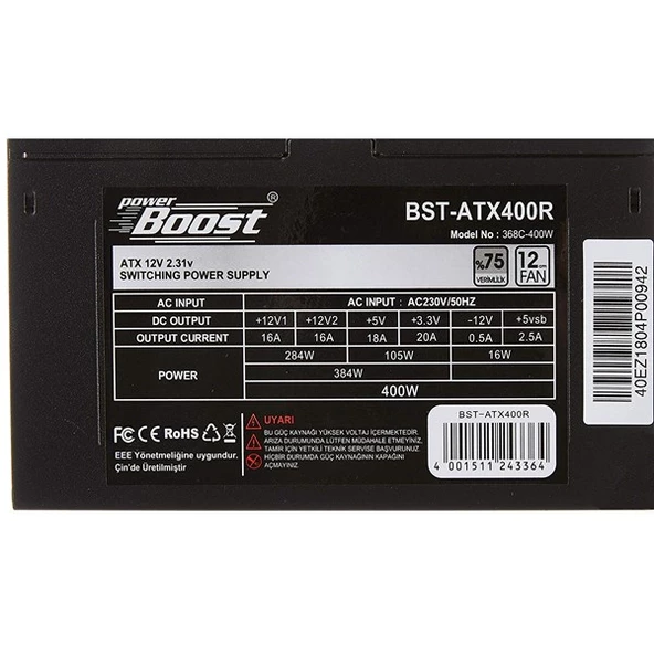 PowerBOOST 400W BST-ATX400R 12cm Fanlı Power Supply - 2