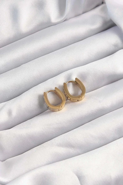 316L Çelik Altın Renk Zirkon Taşlı Halka Model Küpe - 2