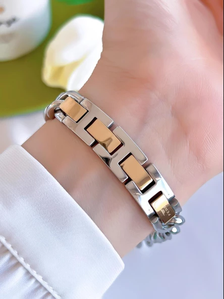 Ferro Retro Zincirli Özel Tasarım Çelik Kordon İyon Kaplama Kasa Kadın Kol Saati+Bileklik EFL40132D6 - Resim 3