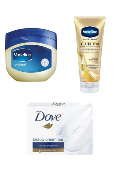 Vaseline 100ml + Vaseline Gluta Hya Leke Karşıtı 200ml +Dove Beauty Cream Katı Sabun 100g Cilt Bakım