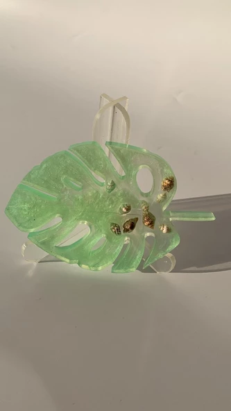 Parlak Fıstık Yeşili Renk İstiridye Süslü Yaprak Şekil Epoksi Bardak Altlığı El Yapımı Hediyelik - 5