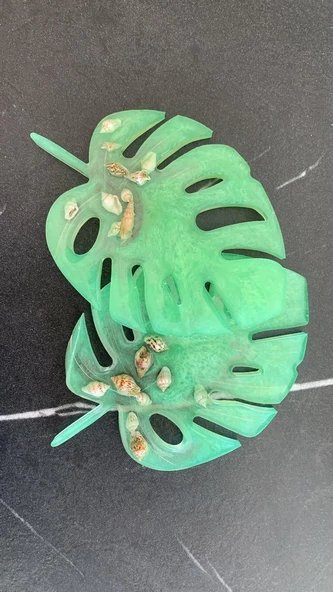 Parlak Fıstık Yeşili Renk İstiridye Süslü Yaprak Şekil Epoksi Bardak Altlığı El Yapımı Hediyelik - 6