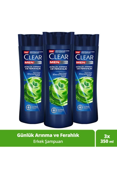 Clear 3x350 ml Men Kepeğe Karşı Etkili Şampuan Günlük Arınma ve Ferahlık Şampuan