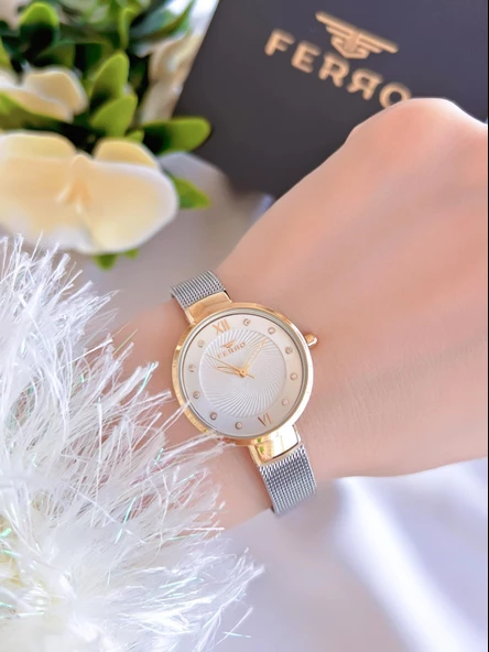 Ferro Çelik Kordon İyon Kaplama Kasa 3 Atm Suya Dayanıklı Kadın Kol Saati+Bileklik BF1618-D - Resim 2