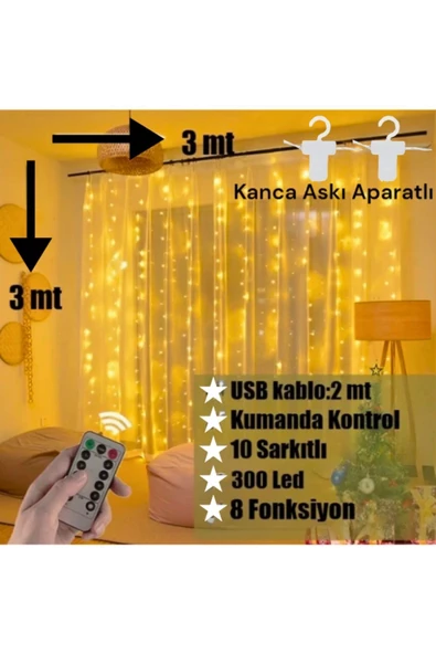 Perde Led 3mx3m Kumandalı 8 Fonksıyonlu 300 Ledli 10 Sarkıtlı Peri Ledi Usb Girişli