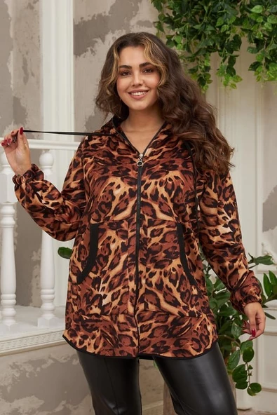 Büyük Beden Kaşe Kapşonlu Mont Leopar - 3