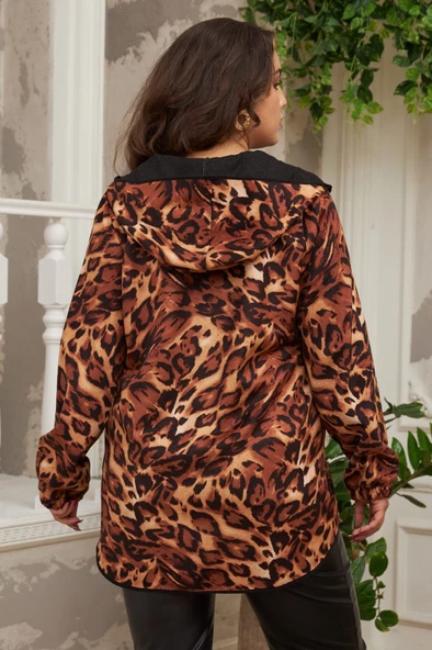 Büyük Beden Kaşe Kapşonlu Mont Leopar - 4