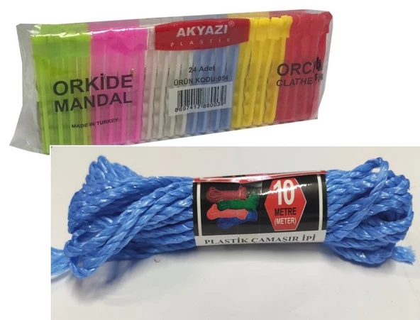 AKYAZI ORKİDE MANDAL 24 LÜ + ÇAMAŞIR İPİ 10M ( STOK DAHİLİNDE RENK DEĞİŞEBİLRİ)