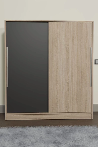 Ae-4001 Zambak Sürgülü Dolap Çok Raflı Çekmeceli Askılı Sonomo Kasalı (Gri-Sonomo Kapaklı) Gardırop - 4