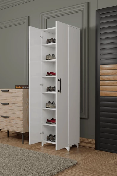 AEKA AE-3085 SELEN BEYAZ AYAKKABILIK, 7 RAFLI, AYAKLI, 2 KAPAKLI ÇOK AMAÇLI DOLAP, KİLER DOLABI - 5