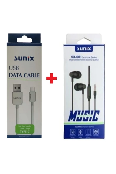 Sunix Fast Data Cable Usb Type C Sc-62 + Sunix Sx-08 Kablolu Kulaklık