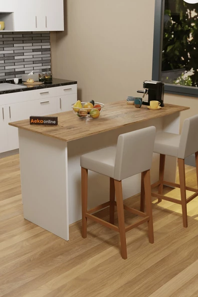 AEKA AE-2040 Vera Beyaz/Çam Mutfak Adası Bar Masası Yemek Masası Dolaplı,  Raflı, Çok Amaçlı 160 cm - 3
