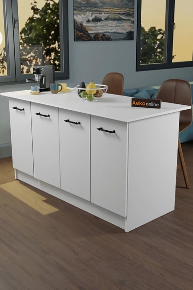 AEKA AE-2040 Vera Mutfak Adası Bar Masası Yemek Masası Dolaplı, Beyaz Raflı, Çok Amaçlı 160 cm