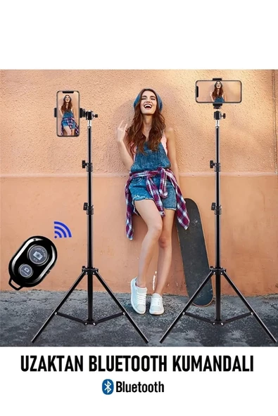 Bluetooth Kumandalı Tripod 2.1m Telefon Tutucu Selfie Çubuğu Ring Light Stüdyo Lamba Ayağı