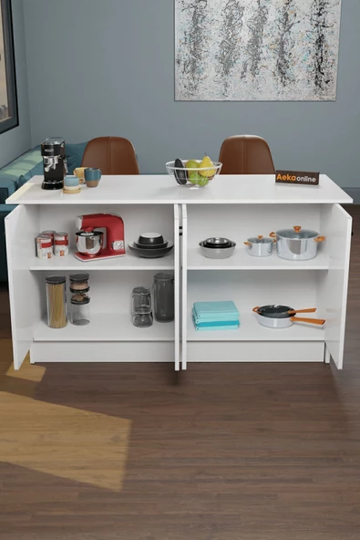 AEKA AE-2040 Vera Mutfak Adası Bar Masası Yemek Masası Dolaplı, Beyaz Raflı, Çok Amaçlı 160 cm - 4