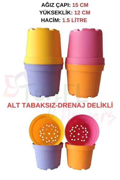 Tuğel Flowers 8 Adet 4 Renkli Plastik Saksı (1,5 LİTRELİK) Alt Tabaksız