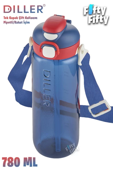 DILLER 780 ML Tek Kapak Çift Kullanım Pipetli/Pipetsiz Askılı Tritan Su Matarası-FFDILLERD68-780 - 2