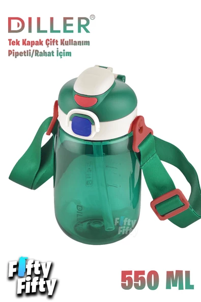 DILLER 550 ML Tek Kapak Çift Kullanım Pipetli/Pipetsiz Askılı Tritan Su Matarası-FFDILLERD70-550 - 7